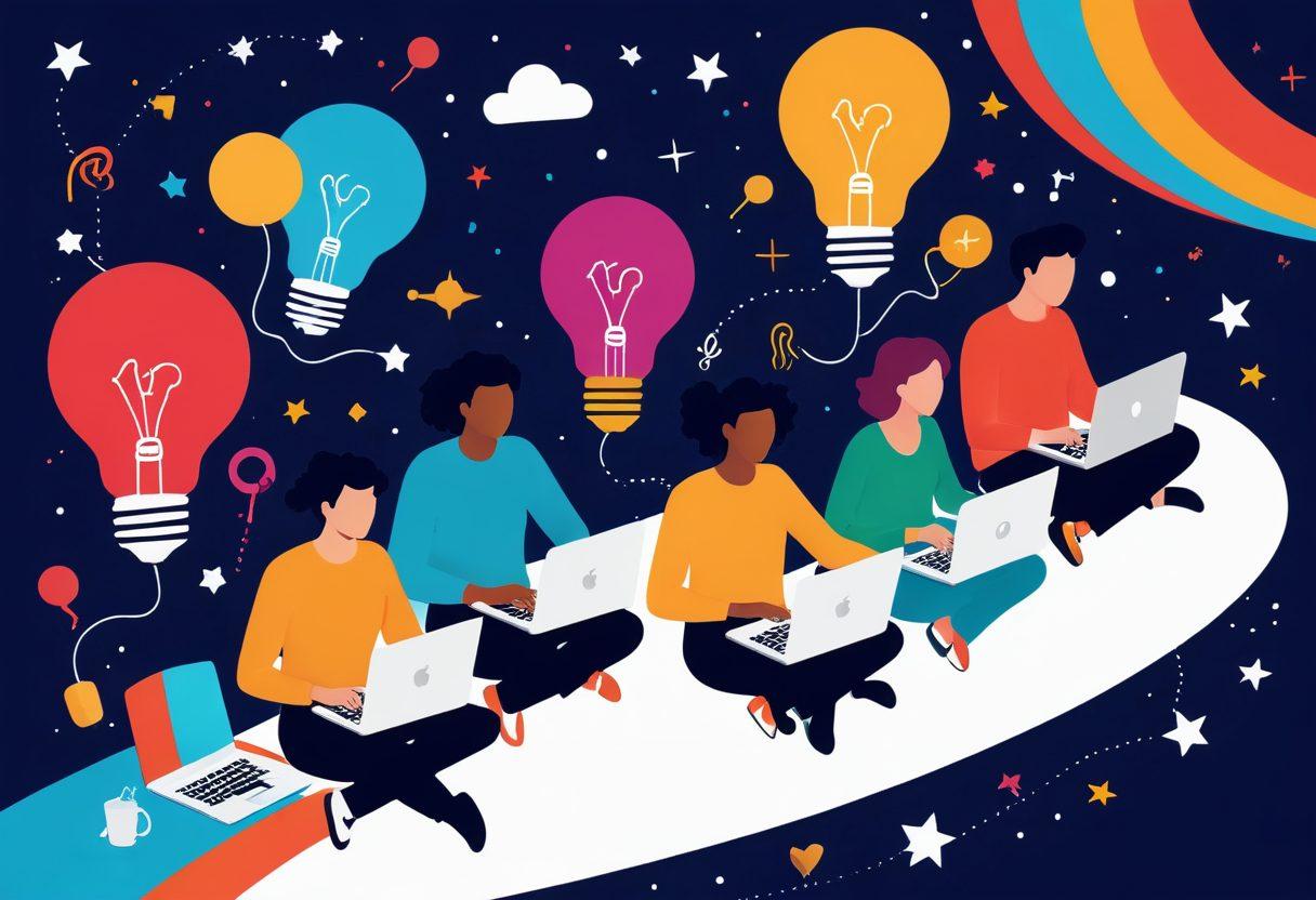 A colorful illustration of a diverse group of bloggers navigating a vibrant, winding path through a digital landscape filled with social media icons, laptops, and lightbulbs representing ideas. The background features abstract shapes symbolizing growth and innovation, with hints of a starry sky to inspire creativity. The scene is lively, with animated expressions on the faces of the bloggers. vector art. vibrant colors. white background.