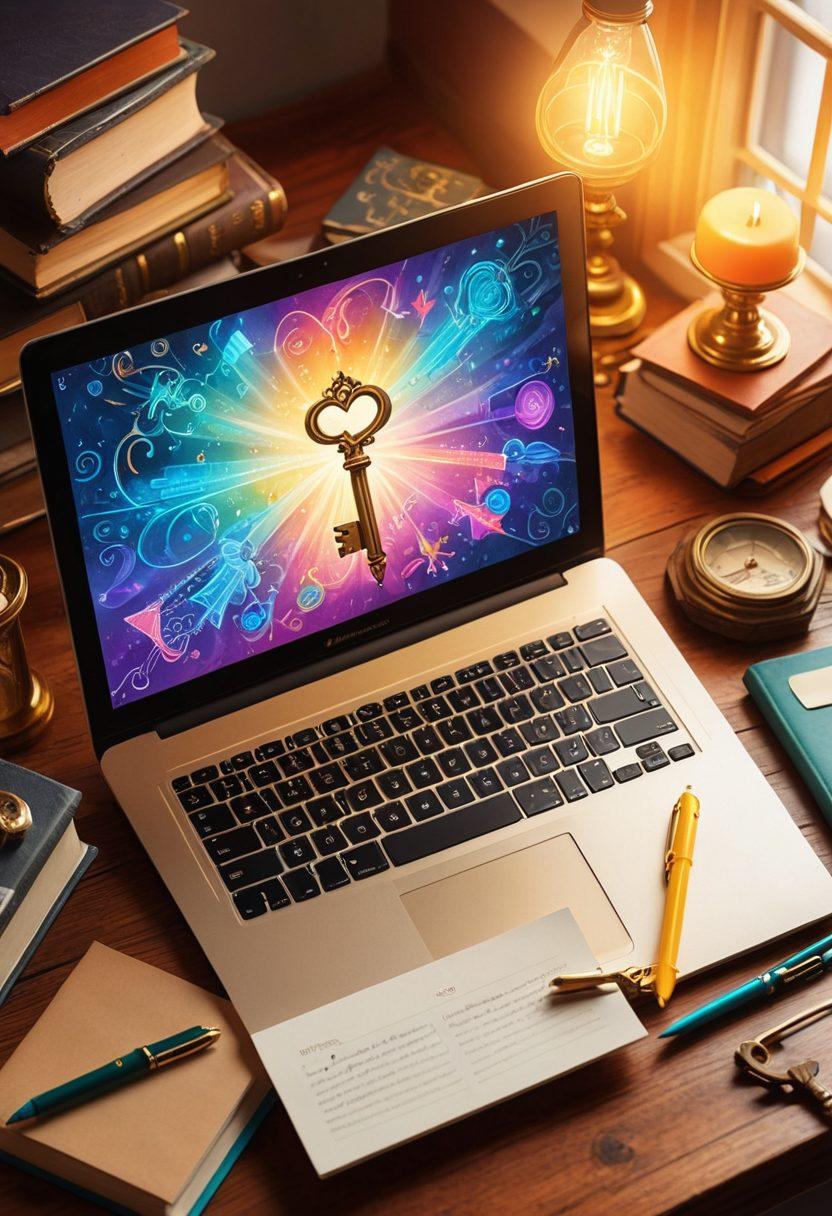 A whimsical illustration of a key unlocking a glowing laptop, surrounded by scattered books, pens, and notepads symbolizing blogging resources. Soft rays of light illuminate the surroundings, revealing hidden secrets in the form of colorful icons representing various online platforms and tips. The scene conveys a sense of discovery and inspiration for aspiring bloggers. vibrant colors. whimsical art. digital illustration.