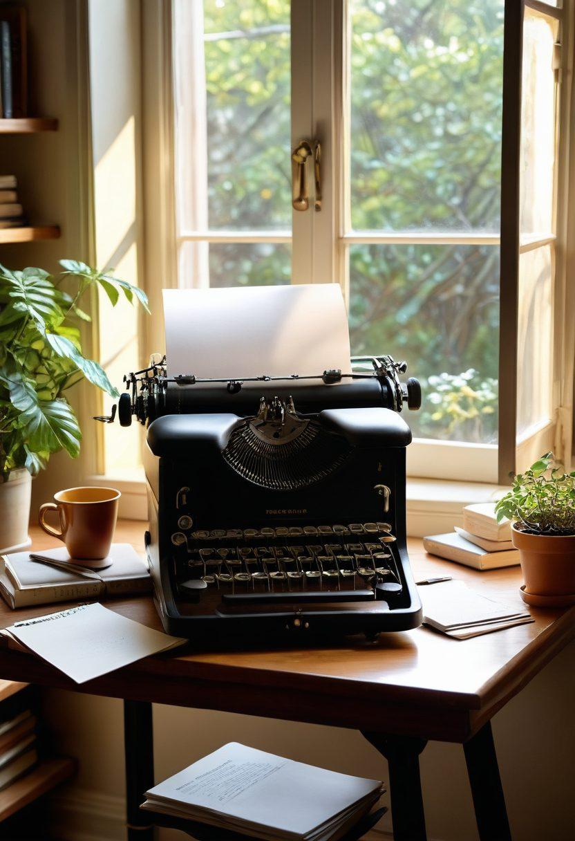 A cozy writing nook with a vintage typewriter, scattered notes, and an open laptop, surrounded by books on writing and creativity. A warm cup of coffee sits nearby, and a window reveals a sunny garden outside. Soft sunlight filters through, casting gentle shadows. The scene conveys inspiration and tranquility, perfect for aspiring online writers. super-realistic. warm colors. inviting atmosphere.